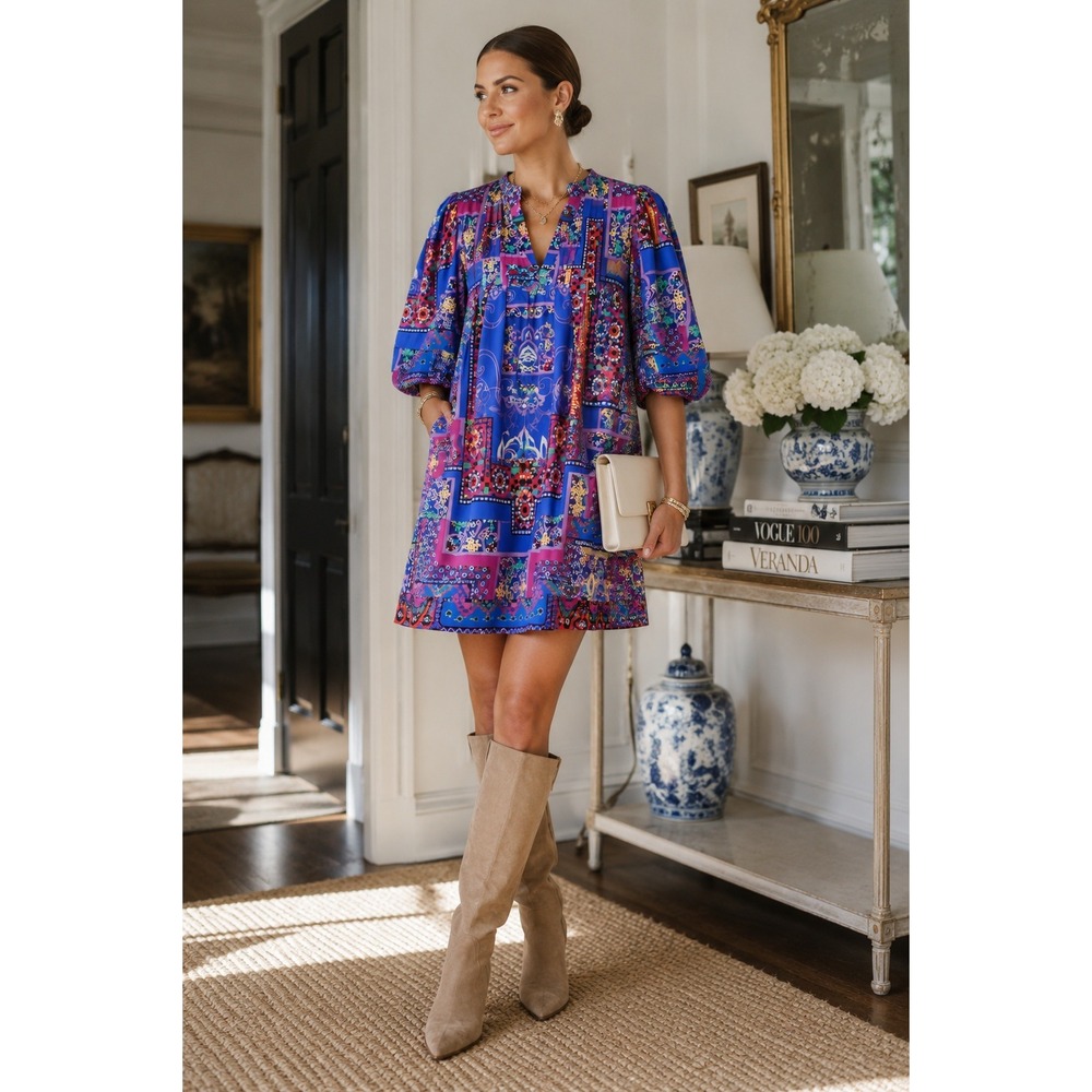 Hunter Bell NY Blue Mosaic Print Puff Sleeve Statement Dress Cottage XS 22PFD12A